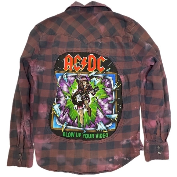 AC DC flannel distressed up cycle plaid graphic puffy letters acid wash bleach - Picture 1 of 11
